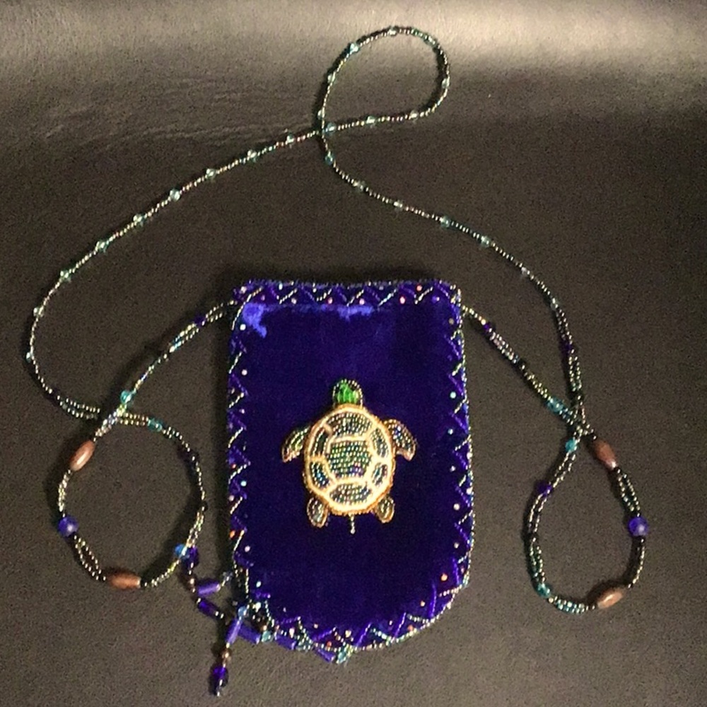 Beaded Turtle motif on Blue Purple Velvet Crossbody Purse